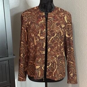 Notations Petite PL Paisley Jacket Brown Zip Front Boho Artsy Lightweight Blazer